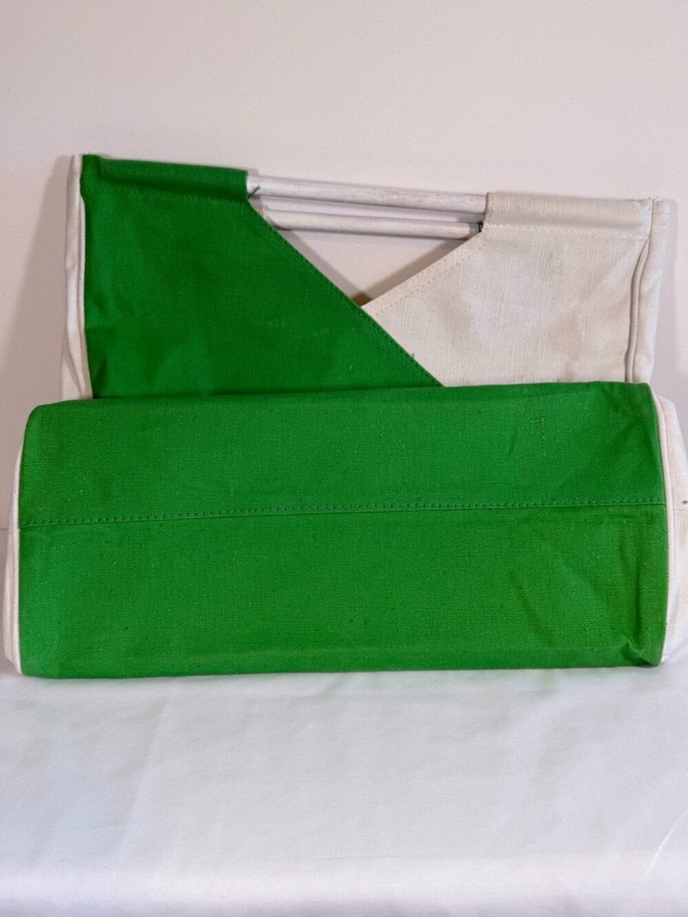 80s Wooden Handle Colorblock Canvas Tote Green White Bag Vintage - Picture 10 of 12